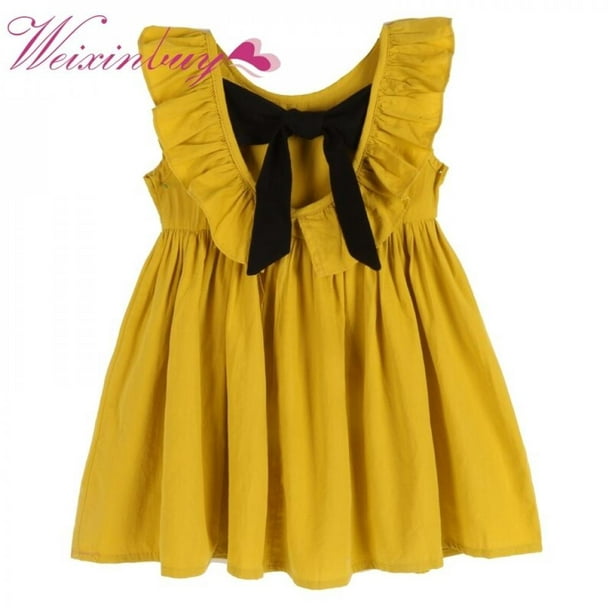 Toddler Kid Summer Infant Baby Girls Fly Sleeve Solid Bow Dress Clothes Dresses 